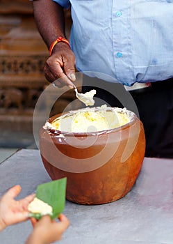 Indian Hindu distributing prasad butter to devotees to eat as blessed food by God During Krishnastami festival