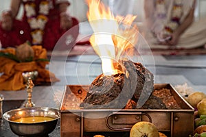 Indian Hindu Traditional Pooja. Vedic fire ceremony called Yagya. Indian wedding of vivah Yagya. items for the Indian