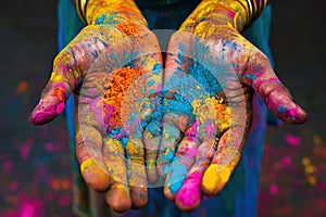 Indian holiday Holi, human hands in multi-colored paints. Generative AI