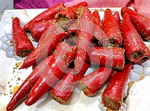 Indian Homemade stuffed Red Chilli Pickle Also Know as Mirchi Ka Achar, Loncha or Laal Mirch Ka Achar. Selective focus
