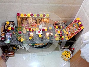 Indian house temple with flower decoration