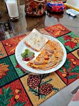 Indian household breakfast spiced bread with pancake