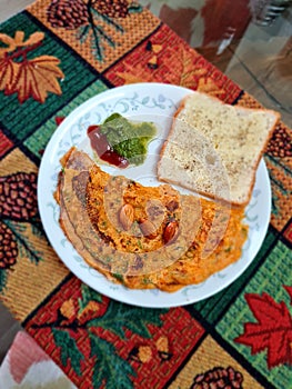 Indian household breakfast spiced bread with pancake