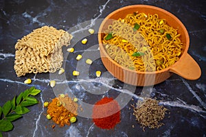 Masala atta noodles with different spices and vegetables photo