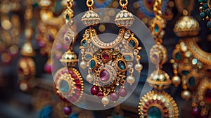 indian jewelry art, elegant traditional indian jewelry crafted with dazzling gemstones and precious metals, symbolizing