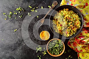 Indian Kanda Poha - recipe preparation photos with photos of the final dish and traditional mattha photo