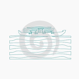 Indian Keralan Houseboat Backwater in Outline Style Vector Illustration