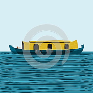 Indian Keralan Houseboat Backwater on Wavy Lake Vector Illustration