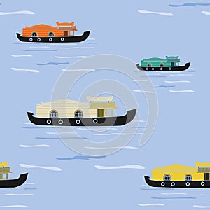 Indian Keralan Houseboat on Lake Vector Illustration Seamless Pattern