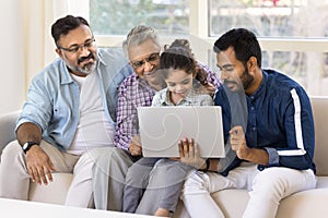 Indian kid, young dad, senior granddad, old grandpa using application