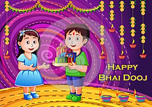 Indian kids celebrating Happy Bhai Dooj on colorful art style background of India