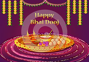 Indian kids celebrating Happy Bhai Dooj on colorful art style background of India