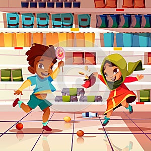 Indian kids playing in supermarket cartoon vector