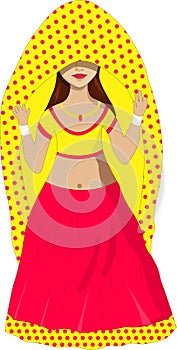 Indian Lady Wearing Lehnga Choli Doing Ghoonghat Vector Illustration Cartoon