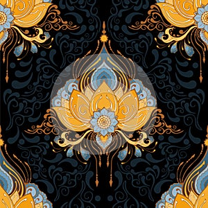 Indian lotus flower vector seamless-pattern mehndi henna tattoo style yoga meditation or zen decoration background