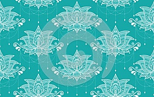 Indian Lotus flower vector seamless pattern, Mehndi henna tattoo style, Yoga or zen decoration, bohemian textile in white on turqu photo