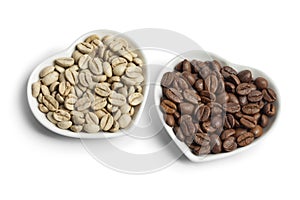 Indian Malabar green unroasted and brown roasted coffee beans