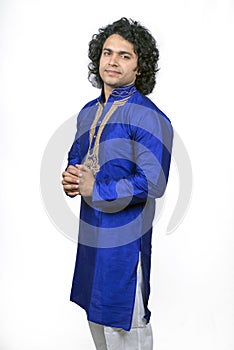 Indian male model wearing blue kurta