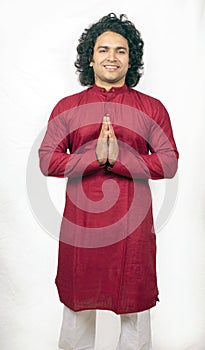 Indian male model wearing red kurta