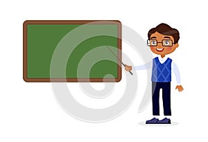 Indian male teacher standing near blackboard flat  illustration.