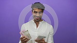 Indian man counts stacks of rupee banknotes with hands in studio; financial prosperity success contentment