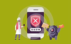 Indian man incorrect password hacking bot concept smartphone verification mobile security app access horizontal flat