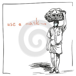 Indian man in medical face mask, in lungi and loose shirt carries wicker basket on his head, Use a mask banner, Coronavirus pandem