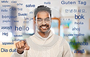 Indian man over words in foreign languages