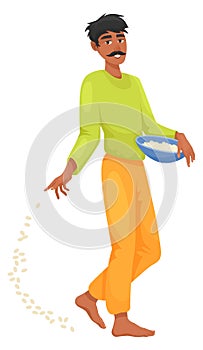 Indian man planting rice. Asian character drop seeds