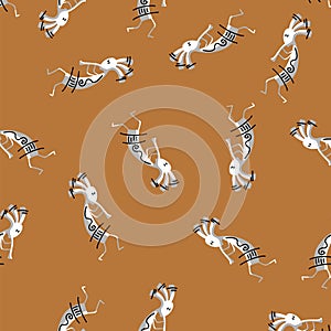 Indian man playing music on pipe and ritually dancing on ethical pattern background. Seamless pattern injun with