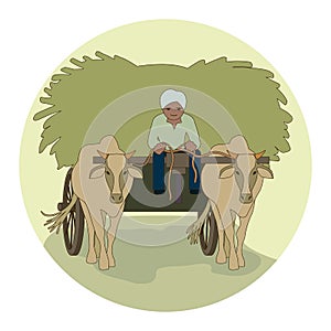 Indian man rides a cart with bulls in harness. Illustration in a circle