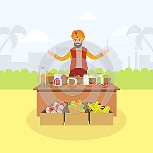 Indian Man Selling Spices and Fruits at Marketplace Vector Illustration