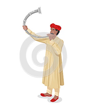 Indian man in traditional clothes, playing the instrument on horn.