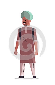 Indian man wearing turban smiling male cartoon character standing pose full length isolated vertical