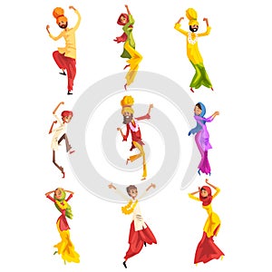 Indian man and woman in traditional clothes dancing folk dance set vector Illustrations on a white background