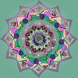 INDIAN MANDALA FLOWER PLAIN GREEN BACKGROUND. PASTEL COLORS PALLET. BRIGHT IMAGE. CENTRAL FLOWER IN PURPLE, PINK, ORANGE, GREEN