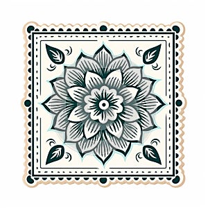 Indian Mandala Sticker: Woodblock Print Style With Floral Design