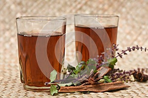 Indian Masala Chai black tea, traditional Tulsi herbal tea beverage with or without milk