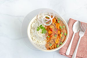 Indian Matar Paneer with Rice in a Bowl, Healthy Vegetarian Indian Food photo