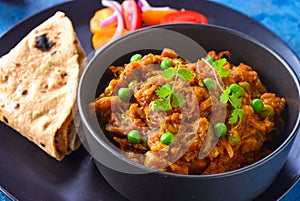 Indian meal-Baingan Bharta with roti and salad