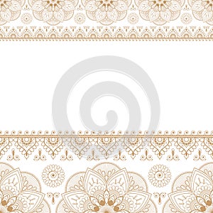 Indian Mehndi Henna Beige Brown line lace element with circles pattern card for tattoo on white background