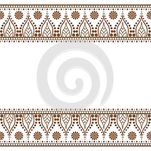 Indian, Mehndi Henna Brown line lace element with circles pattern card for tattoo