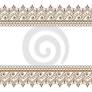Indian, Mehndi Henna brown line lace element pattern card for tattoo on white background