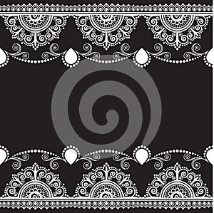 Indian, Mehndi Henna line lace element with flowers pattern card for tattoo on black background