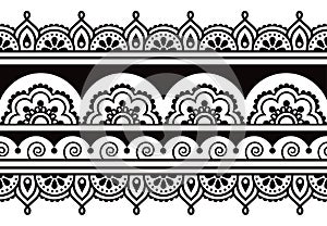 Indian Mehndi tattoo style inspired vector seamless pattern in black and white with swirls and flowers