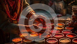 Indian men working in a pottery workshop, crafting vibrant clay jars generated by AI