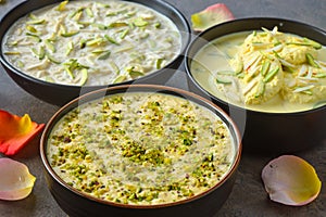 Indian milk based eggfree vegetarian desserts -Phirni, kheer and rasmalai photo