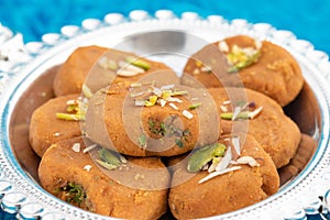 Indian Mithai Brown Mathura Peda Or Meetha Pera Made Of Condensed Milk Fudge Khoya Mawa Kesar Khoa Pista Mava Malai In Pure Desi