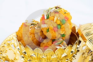 Indian Mithai Jodhpuri Laddu Also Called Boondi Or Bundi Ladoo Decorated In Golden Dessert Bowl. Meetha Laddoo  Fried In Shuddha