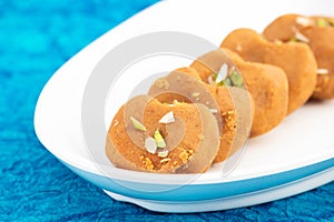 Indian Mithai Mathura Peda Or Meetha Pera Made Of Condensed Milk Fudge Khoya Mawa Kesar Khoa Pista Mava Malai In Desi Ghee Is